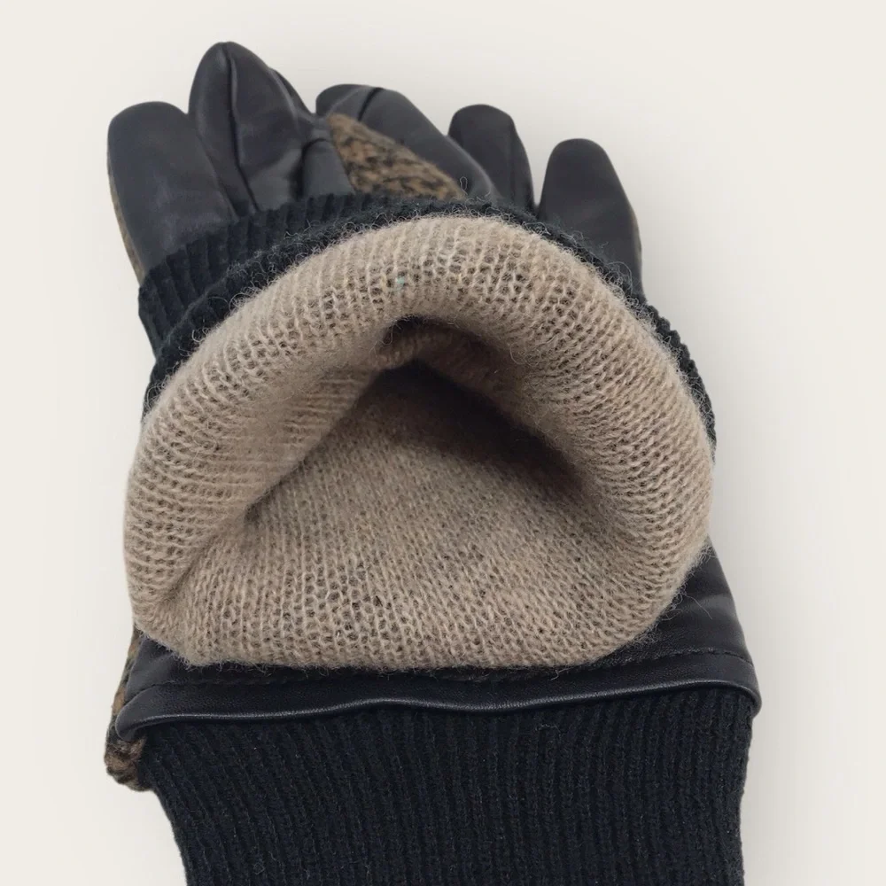 Land's End Brown EZ Touch Screen Gloves Leather & Cashmere Animal Print
